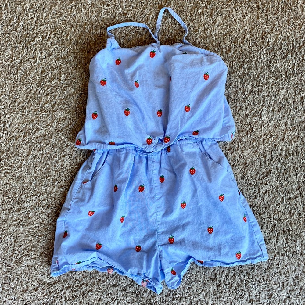Boden Girls 8-9 Blue Strawberry Embroidered Romper